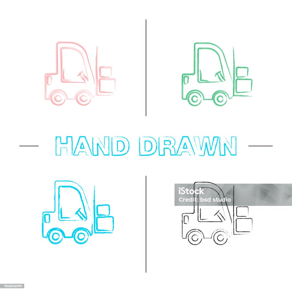 Forklift icons Forklift hand drawn icons set. Isolated vector illustrations. Lift truck Elevator stock vector