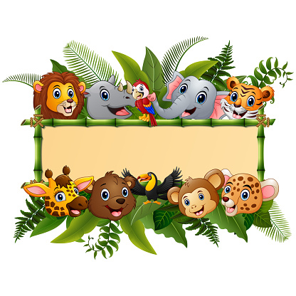 Vector illustration of animals cartoon with blank sign bamboo