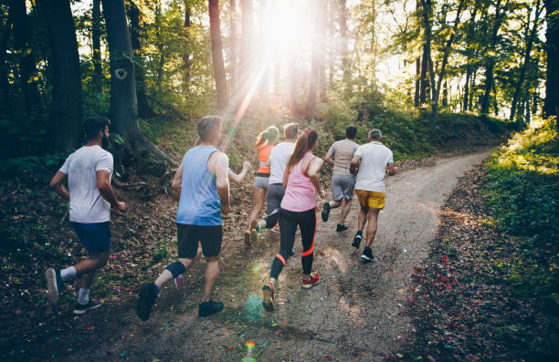 Rear view of athletes running a marathon through the forest. Back view of marathon runners during the race in the forest. off track running stock pictures, royalty-free photos & images