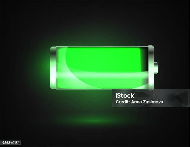 Charged Battery Full Charge Battery Battery Charging Status Indicator Glass Realistic Power Green Battery Illustration On Black Background Full Charge Total Discharge Charge Status Vector Stock Illustration - Download Image Now