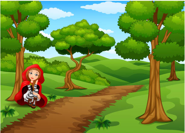 illustrazioni stock, clip art, cartoni animati e icone di tendenza di donne rosso incappucciato squat nella foresta - 5547