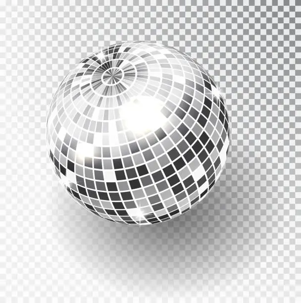 Vector illustration of Mirror glitter disco ball vector illustration. Night Club party light element. Bright mirror silver ball design for disco dance club. Vector