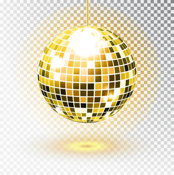 Vector illustration of Golden disco ball. Vector illustration. Isolated. Night Club party light element. Bright mirror silver ball design for disco dance club. Vector