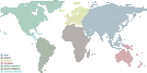 illustrazioni stock, clip art, cartoni animati e icone di tendenza di punti mappa mondo colorati altamente dettagliati, punteggiato mappa del mondo continenti con legenda mappa, mappa mondiale modelli di punti illustrazione sfondo - argentina arabia saudita