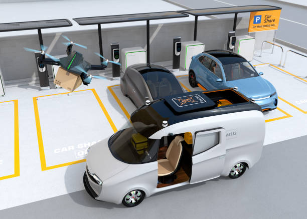 istock Drone takes off from delivery van to delivering parcel 956842292