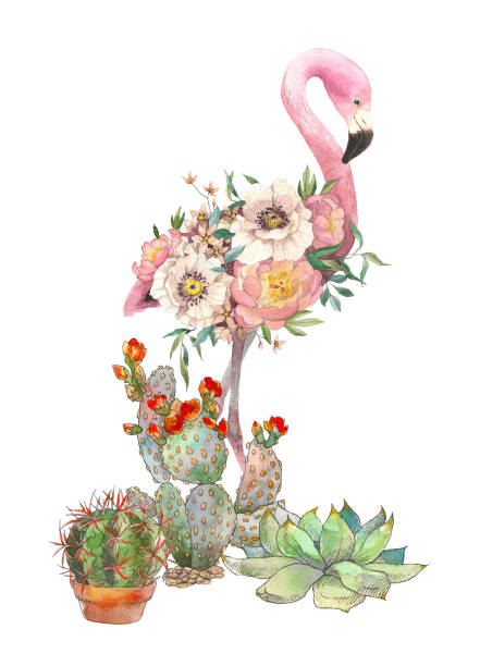 istock Exotic bright bird Flamingo with blooming flowers and succulents. Isolated decorative element. Watercolor bird concept. Tropical concept. flower concept 956846160