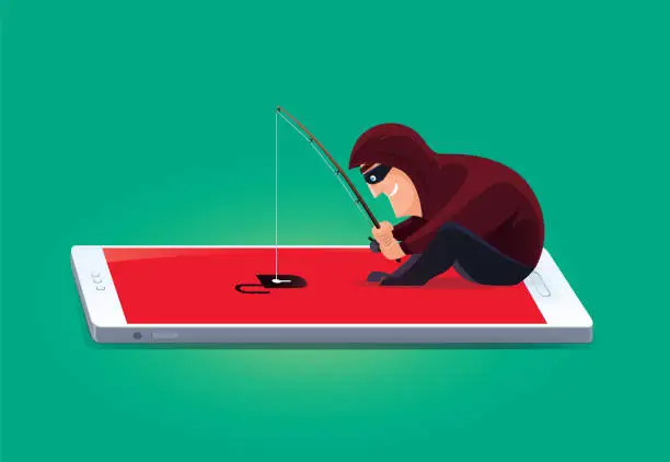 Vector illustration of hacker fishing with unlocked smartphone