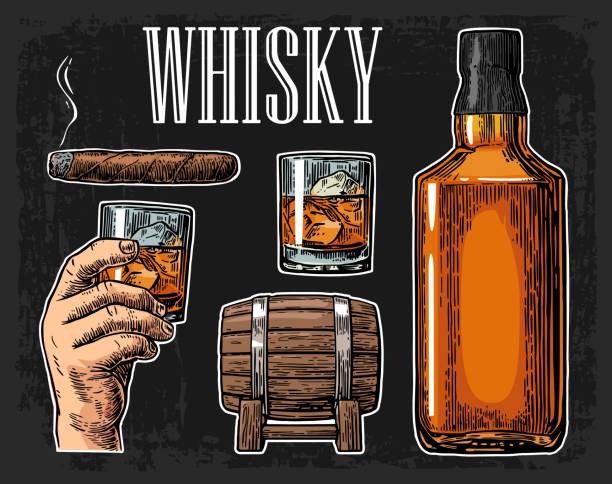Whiskey glass with ice cubes, barrel, bottle and cigar. Whiskey glass with ice cubes, barrel, bottle and cigar. Vector vintage color illustration for label, poster, invitation to a party. Isolated on dark background. Hand drawn design element. bourbon barrel stock illustrations