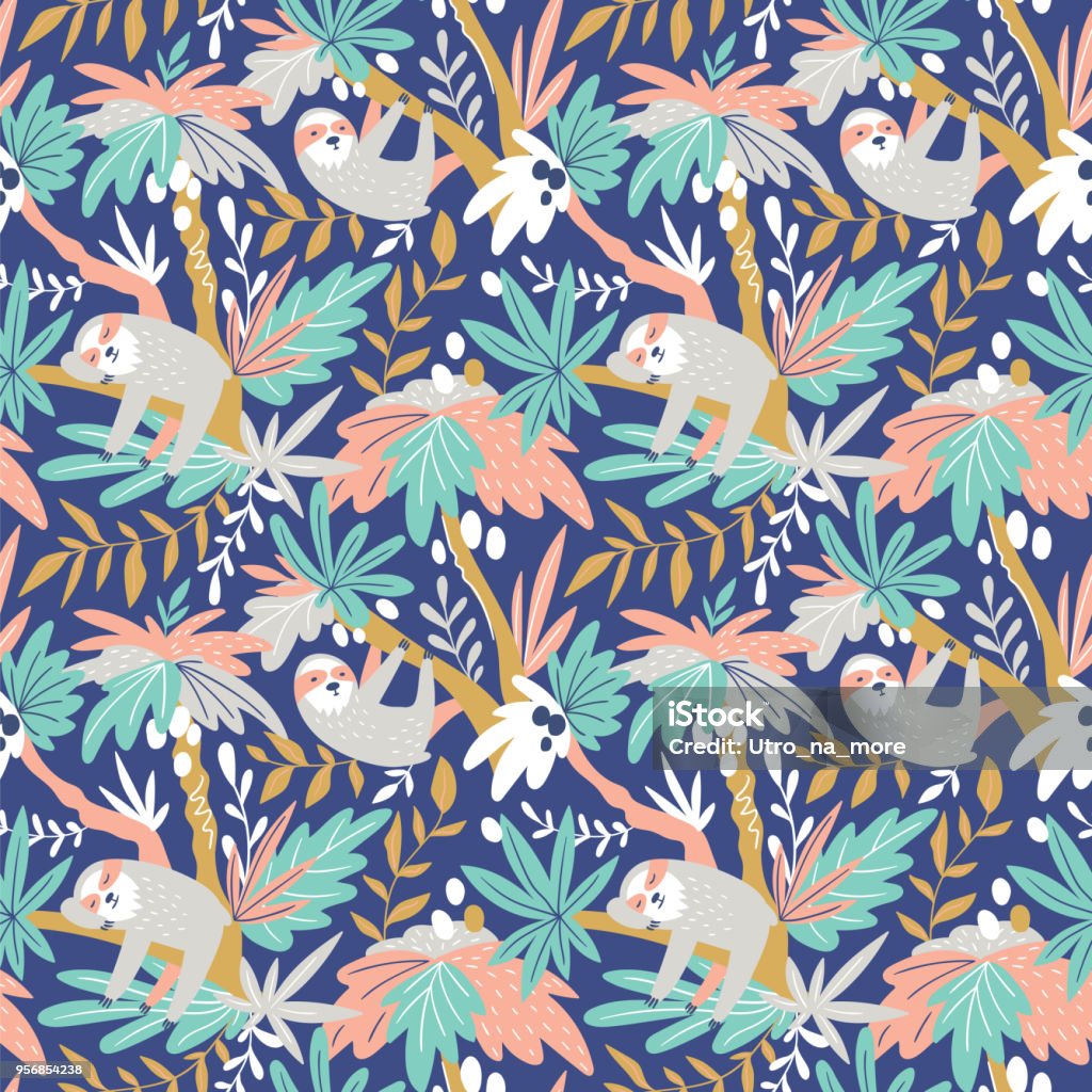 Vector naadloze tropische patroon met schattige luiaards. Hand getekend ontwerp voor stof in Scandinavische stijl. - Royalty-free Luiaard vectorkunst