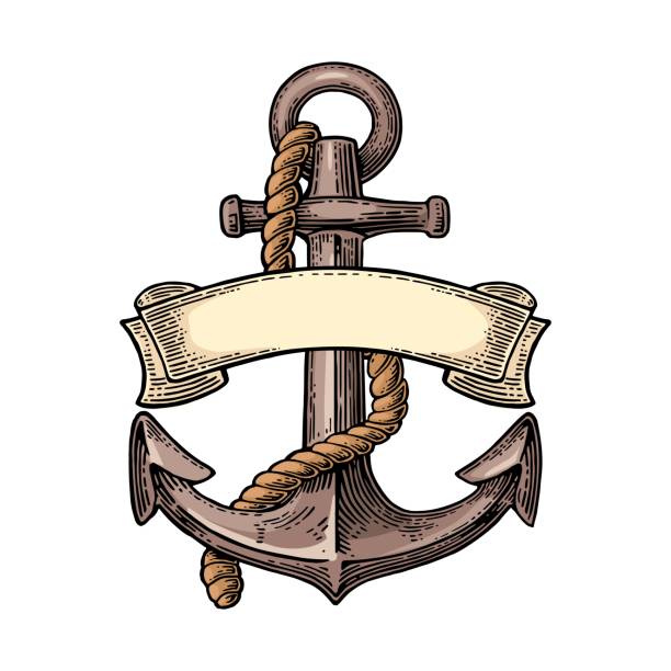 ilustrações de stock, clip art, desenhos animados e ícones de anchor with ribbon and rope isolated on beige background. - nautical vessel pattern rope tattoo