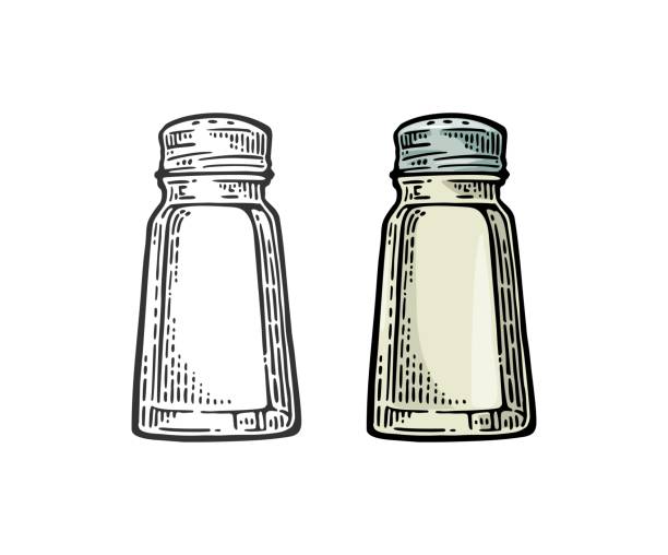 소금 통입니다. 빈티지 블랙 및 컬러 벡터 그림 조각 - salt shaker salt pepper shaker pepper stock illustrations