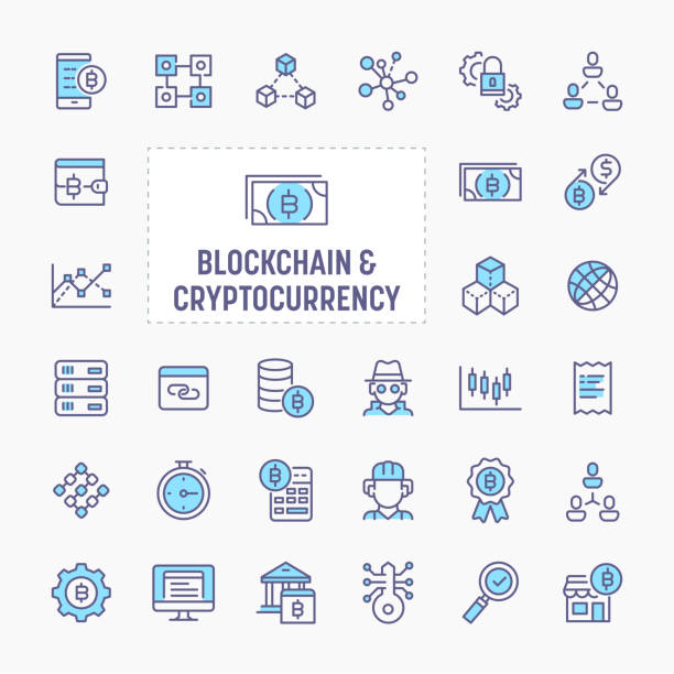 Blockchain & Cryptocurrency Icon Set Digital asset, blockchain, cryptocurrency, encryption, transaction and security - thin line website, application & presentation icon. simple and minimal vector icon and illustration collection. blockchain icons stock illustrations