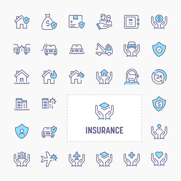 비즈니스 및 개인 보험 아이콘 세트 - auto accidents symbol insurance computer icon stock illustrations
