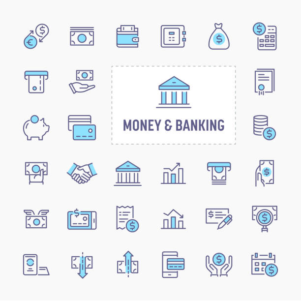 돈 및 금융 아이콘 세트 - stock certificate investment savings certificate stock illustrations