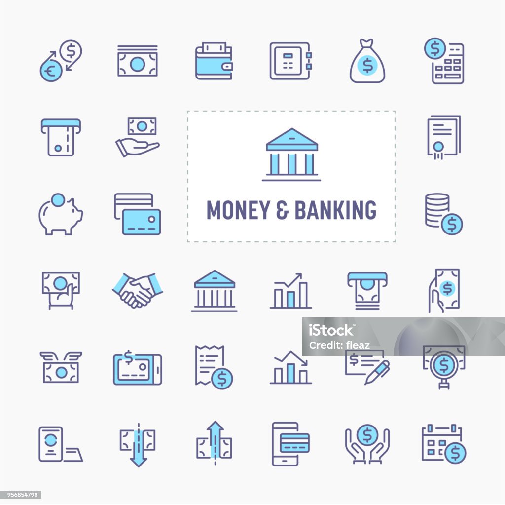 Money & Banking Icon Set Financial, money and banking  - thin line website, application & presentation icon. simple and minimal vector icon and illustration collection. Icon Symbol stock vector