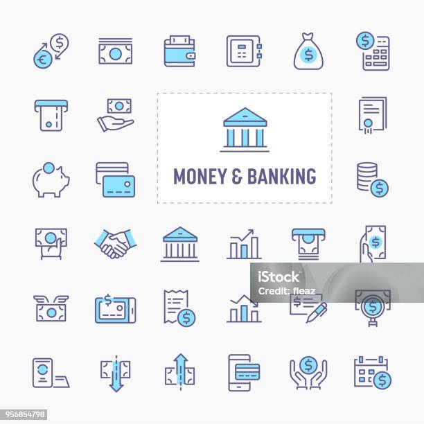 Money Banking Icon Set Stock Illustration - Download Image Now - Icon Symbol, Banking, Bank - Financial Building