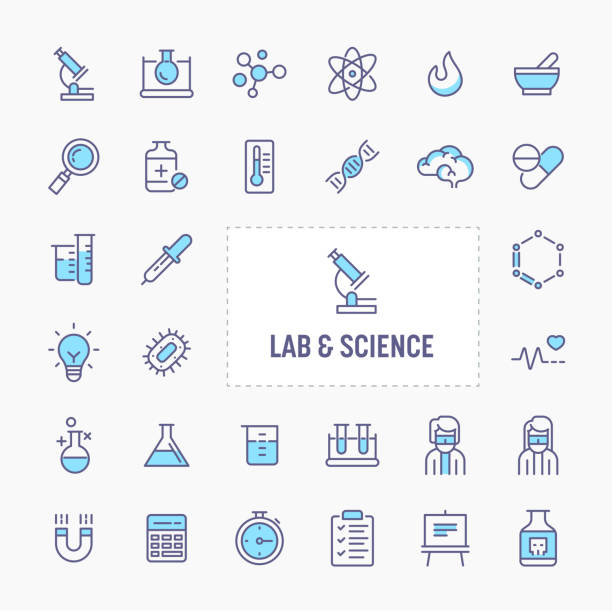 illustrazioni stock, clip art, cartoni animati e icone di tendenza di set di icone lab & sciences minimal - beaker flask laboratory glassware research