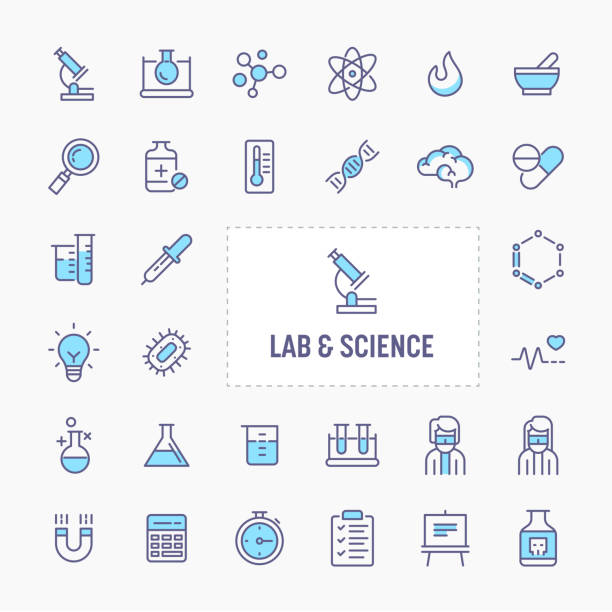 Lab & Sciences Minimal Icon Set Science research, Laboratory experiments and equipments - thin line website, application & presentation icon. simple and minimal vector icon and illustration collection. science research stock illustrations