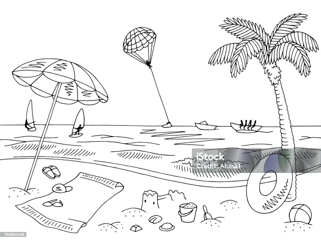 Sea coast beach graphic black white landscape sketch illustration vector Beach stock vector