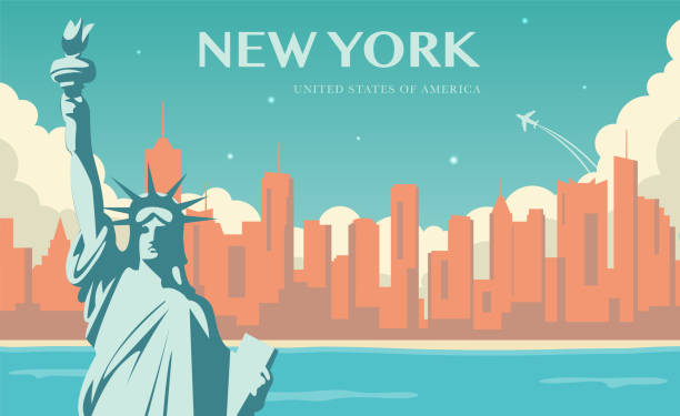 ilustraciones, imágenes clip art, dibujos animados e iconos de stock de estatua de la libertad. nueva york hito y símbolo de la libertad y la democracia. vector de - holiday postcard