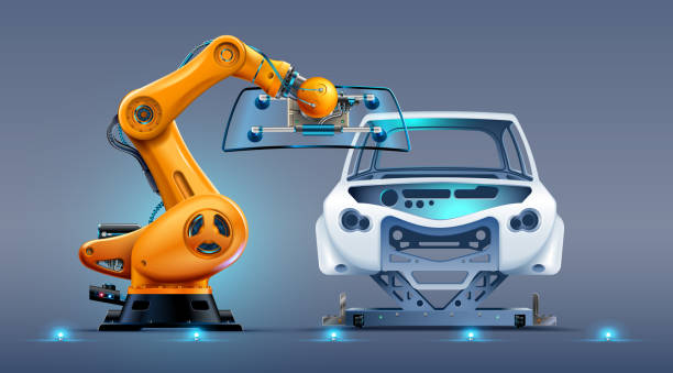 istock robot arm work on car factory or manufacturing line. Robotic hand attaches windshield or glass on car body. Industrial automation production automobile. 956859184