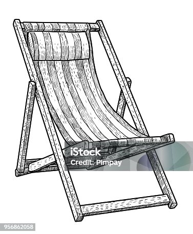 istock Wooden chaise lounge, beach chair illustration, drawing, engraving, ink, line art, vector 956862058