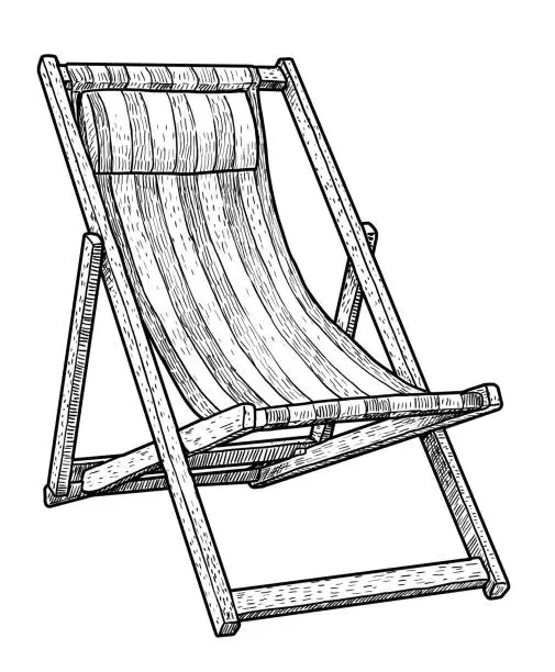 Vector illustration of Wooden chaise lounge, beach chair illustration, drawing, engraving, ink, line art, vector