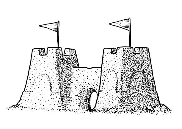 Vector illustration of Sandcastle illustration, drawing, engraving, ink, line art, vector