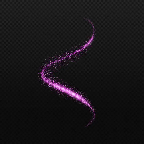 Vector illustration of Glitter purple spiral vector isolated on black background. Confetti elements, sparkle dots and stars