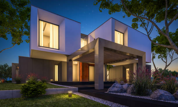 istock 3d rendering of modern cozy house in the garden at night 956866708