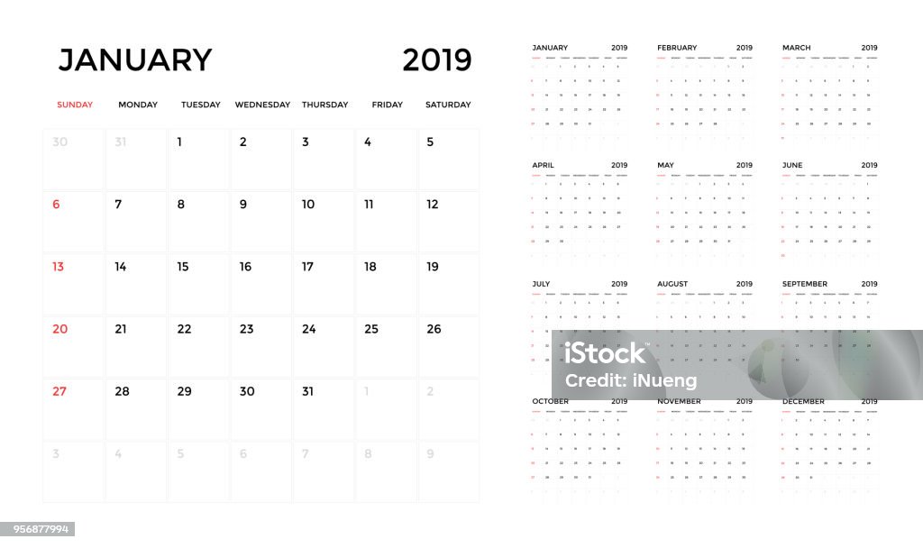 Calendar 2019 template. Calendar planning week. Calendar stock vector