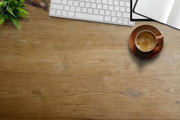 istock Business workspace, Office desk coffee mug and office accessory with copy space. 956878512