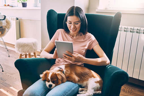 smiling woman relaxing at home using her tablet in the company of her little dog