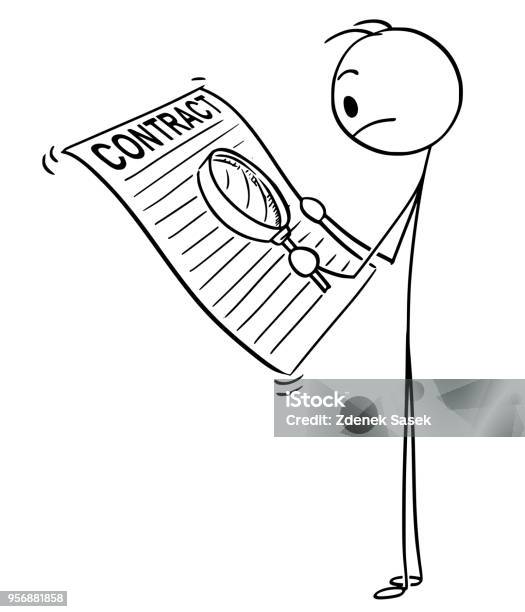 Cartoon Of Man Or Businessman Reading Contract With Magnifying Glass Stock Illustration - Download Image Now