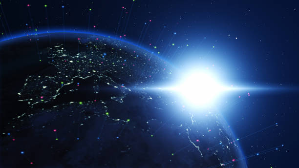 istock Blue shiny earth covered with colorful lines and letters. Network concept. 956882142