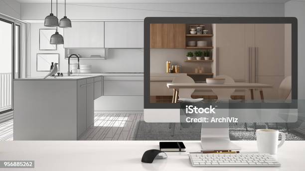 Architect House Project Concept Desktop Computer On White Work Desk ...