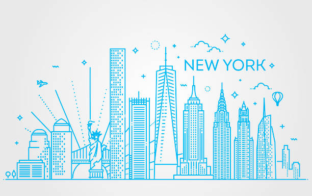 illustrations, cliparts, dessins animés et icônes de new york city skyline, illustration vectorielle, design plat - new york city panoramic statue of liberty skyline
