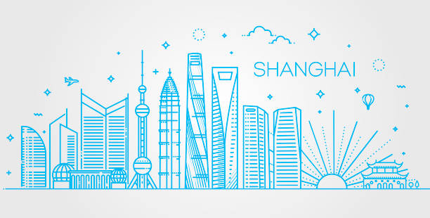 상하이 건축 선 스카이 라인 일러스트. 유명한 랜드마크와 선형 벡터 풍경 - shanghai finance skyline backgrounds stock illustrations