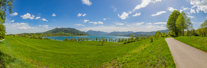 panoramic view of the Tegernsee lake between the Alp mountains