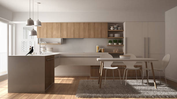 istock Modern minimalistic wooden kitchen with dining table, carpet and panoramic window, white architecture interior design 956887682