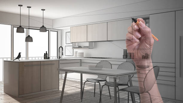 istock Hand drawing custom modern minimalist white kitchen. Tailored unfinished project architecture interior design 956887716