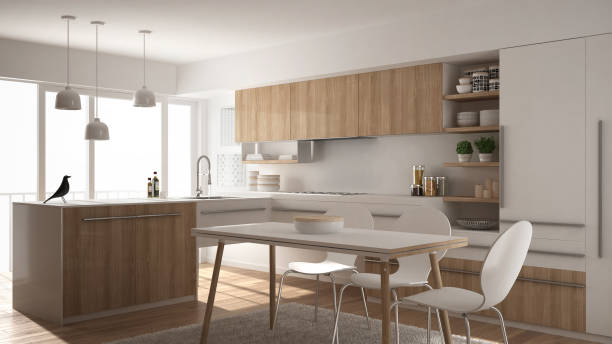 istock Modern minimalistic wooden kitchen with dining table, carpet and panoramic window, white architecture interior design 956888364
