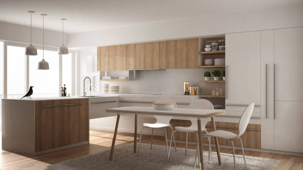 istock Modern minimalistic wooden kitchen with dining table, carpet and panoramic window, white architecture interior design 956888508