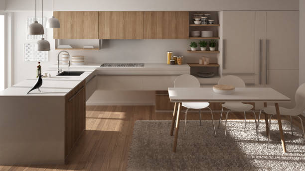 istock Modern minimalistic wooden kitchen with dining table, carpet and panoramic window, white architecture interior design 956888602