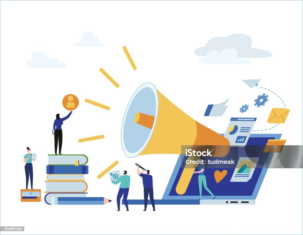 Content Strategy Marketing Advertising Vector Illustration Infographic  Social Media Business Concept Small People Working Decorated Laptop  Technology Flat Cartoon Design For Mobile And Web Concept Stock  Illustration - Download Image Now - iStock