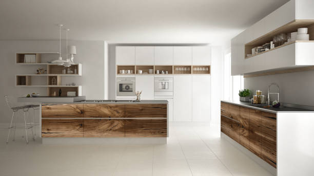 istock White modern minimalistic kitchen, with classic wood fittings, panoramic window, luxury interior design 956891694