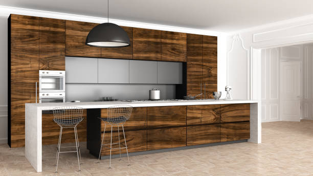 istock Classic kitchen in vintage room with moldings wall, luxury interior design 956894872