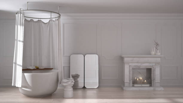 istock Vintage bathroom in classic space with old fireplace and parquet floor, modern interior design 956895600