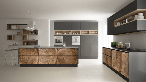 istock Gray modern minimalistic kitchen, with classic wood fittings, panoramic window, luxury interior design 956895890