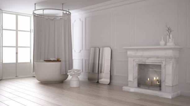 istock Vintage bathroom in classic space with old fireplace and parquet floor, modern interior design 956896300